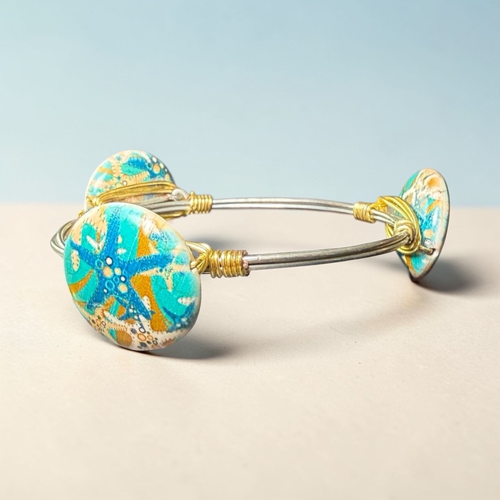 Turquoise Starfish Mixed Metal Wire Wrapped Bangle Bracelet Beach Boho Coastal